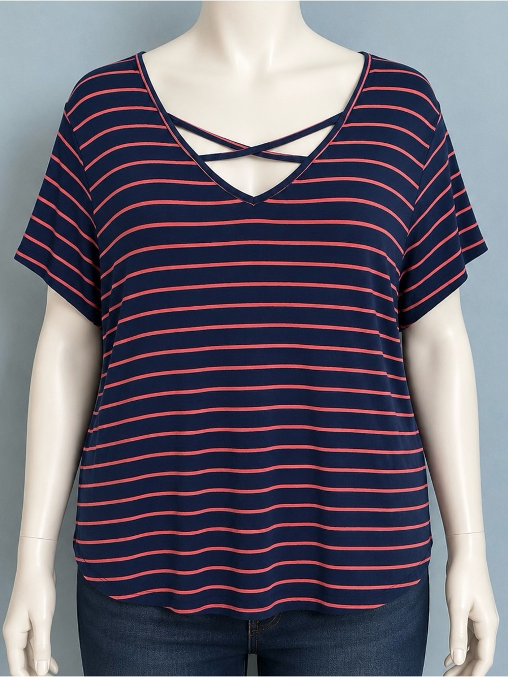 Wishful Park Navy & Coral Striped Crisscross V-Neck Tee